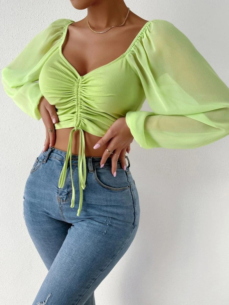 Damen Crop-Top mit strukturiertem Körper und eleganten Puffärmeln
