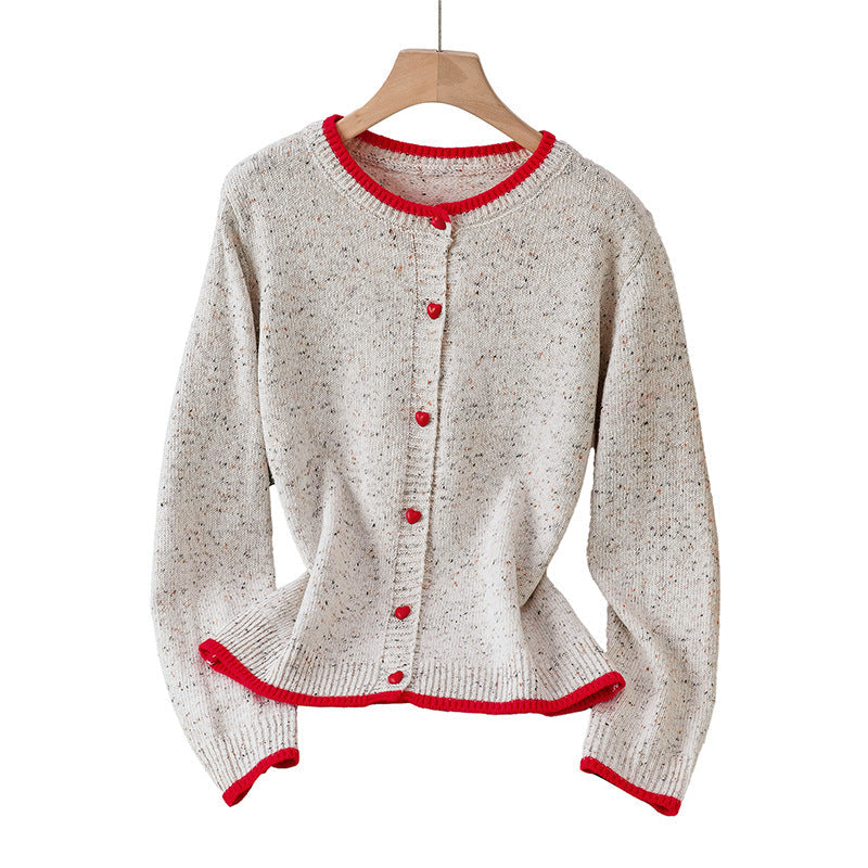 Damen Gesprenkelte Strickjacke mit Kontrastkanten und Herzknöpfen Shop Nory