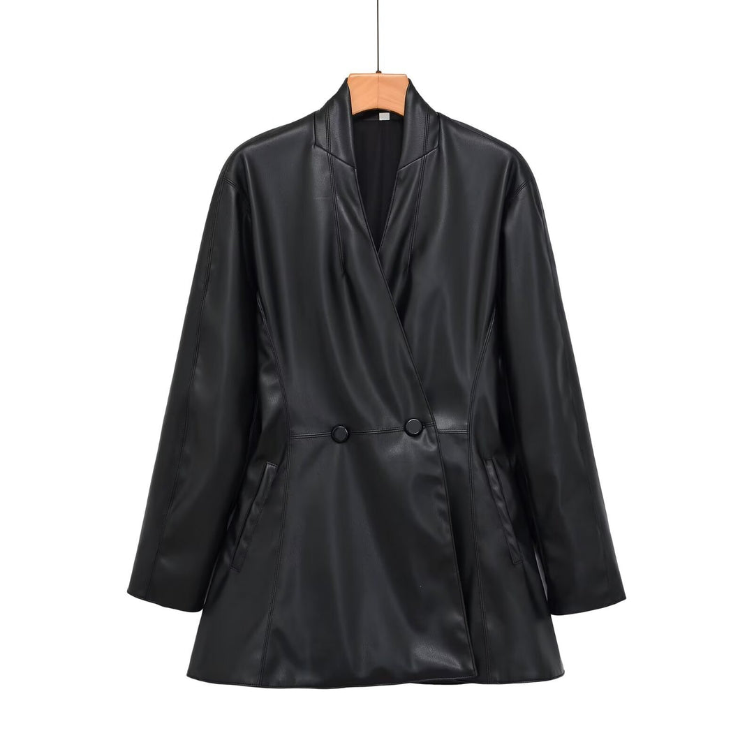 Damen taillierter zweireihiger Kunstleder‑Midimantel mit Schalkragen und Pattentaschen Shop Nory