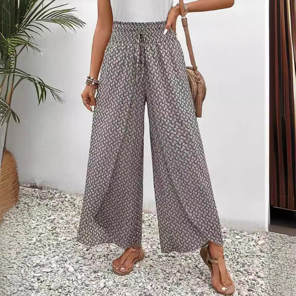 Damen nan weite Sommer-Palazzohose mit gerafftem Komfortbund, fließender Beinweite und geometrischem Allovermuster