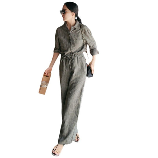 Damen Leinen‑Overall mit Hemdkragen, Kordel­taillenbund und Eingrifftaschen Shop Nory