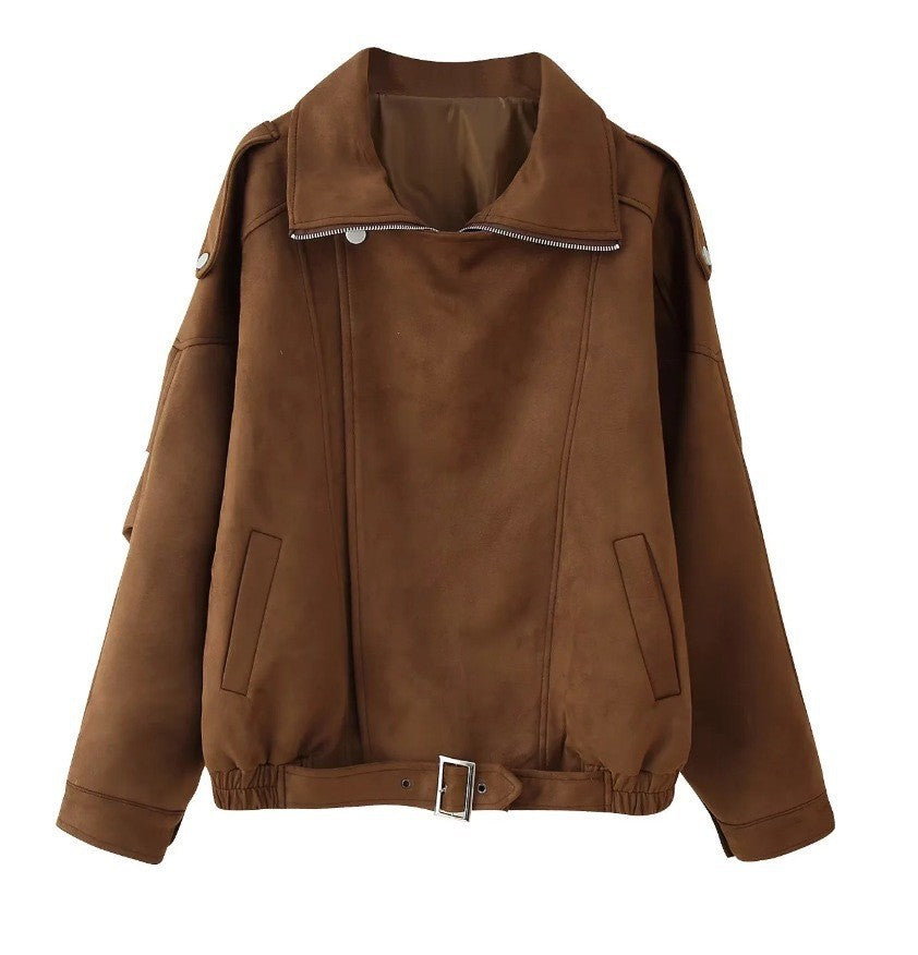 Damen Oversized Kunstwildleder‑Fliegerjacke mit Taillenriemen, Schulterpatten und Stehkragen Shop Nory