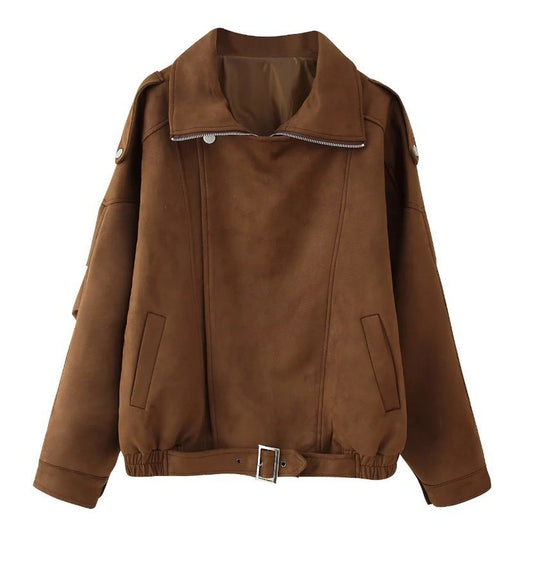 Damen Oversized Kunstwildleder‑Fliegerjacke mit Taillenriemen, Schulterpatten und Stehkragen Shop Nory