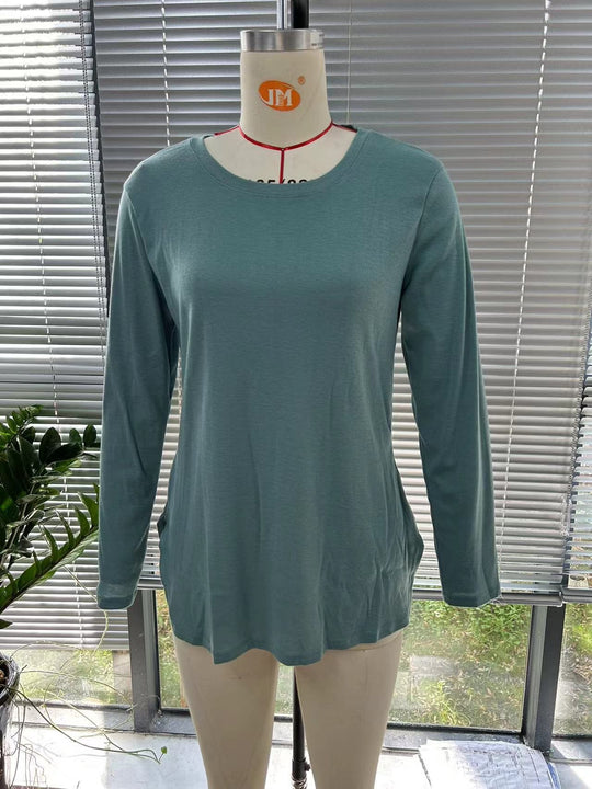 Damen Lässiges Longsleeve-Tunikaoberteil mit Rundhalsausschnitt, Seitenschlitzen und Aquarell-Blattprint Shop Nory