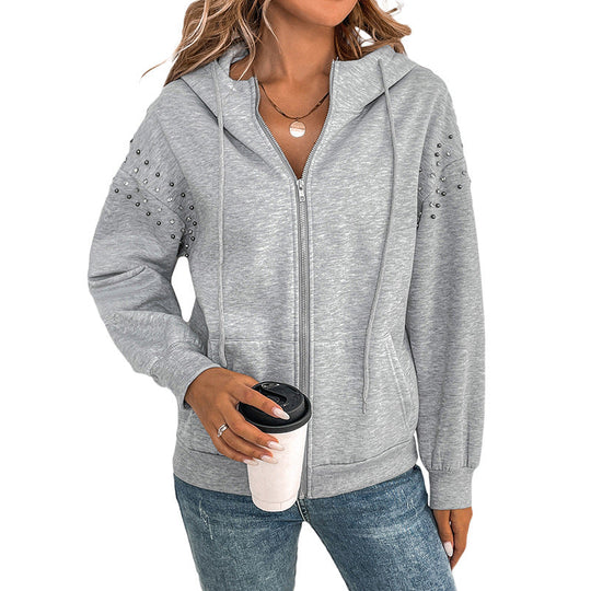 Damen Kapuzenjacke mit Reißverschluss und Perlendetail an den Ärmeln Shop Nory