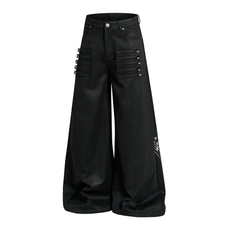 Damen Weite hochgeschnittene Palazzo-Hose mit beschichteter Lederoptik, extra weitem Bein und Statement-Print Shop Nory