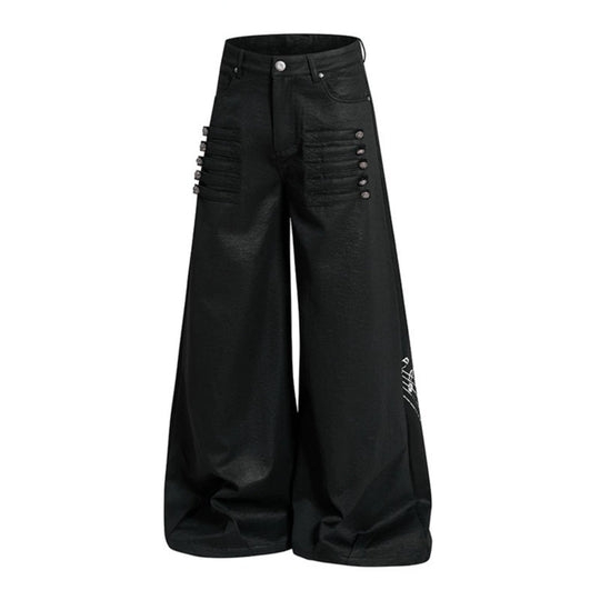 Damen Weite hochgeschnittene Palazzo-Hose mit beschichteter Lederoptik, extra weitem Bein und Statement-Print Shop Nory