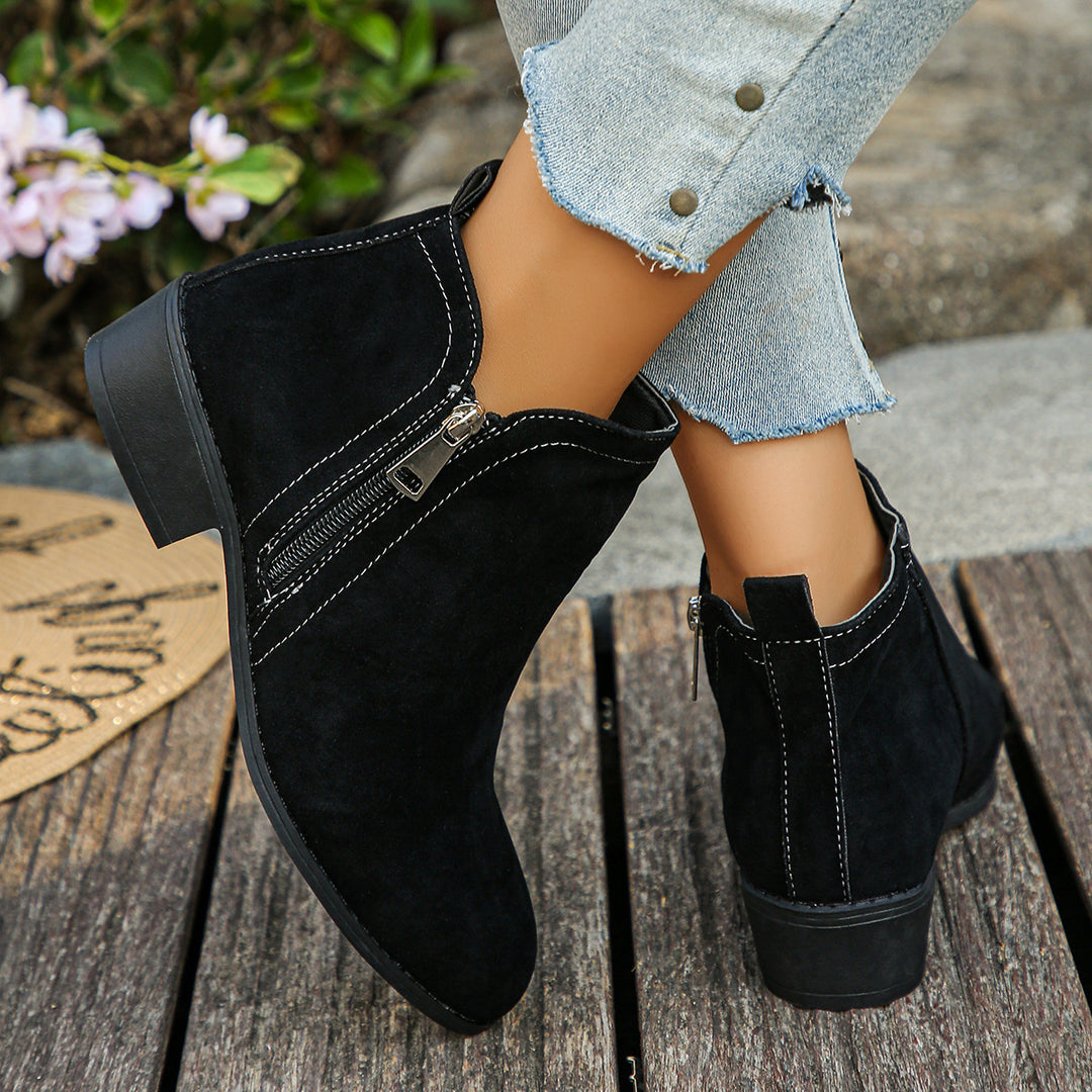 Damen elegante Ankle-Boots aus Velourslederimitat mit seitlichem Reißverschluss und niedrigem Blockabsatz Shop Nory