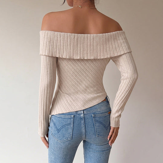 Damen Figurbetontes Off-Shoulder Rippstrick-Top mit Knotenfront und asymmetrischem Saum Shop Nory