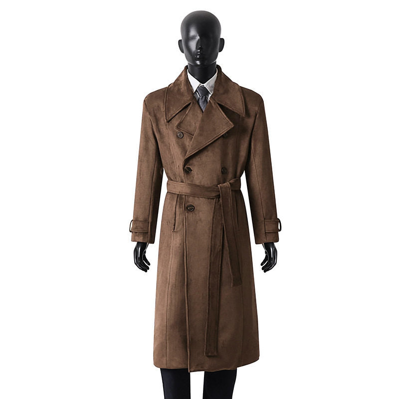 Herren Doppelreihiger Trenchcoat aus Velourslederimitat mit Taillengürtel und weitem Revers Shop Nory