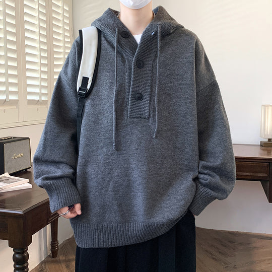 Unisex Oversize Strick-Hoodie mit Halbknopfblende und Rippbündchen Shop Nory