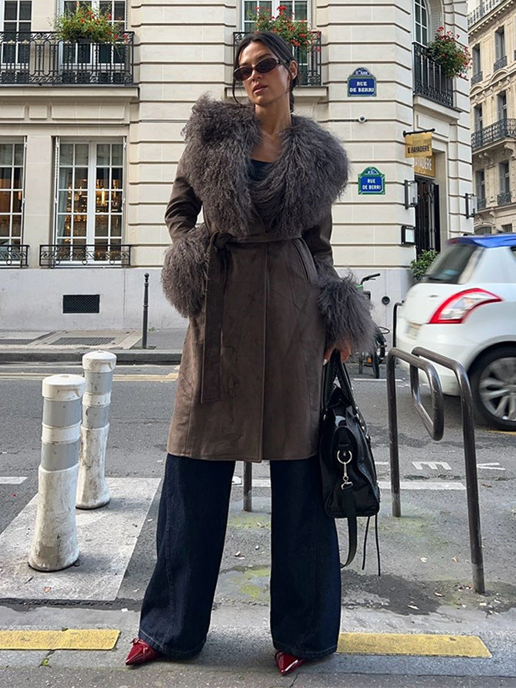 Damen Mantel aus Veloursleder‑Optik mit voluminösem Faux‑Fur‑Schalkragen, Fellmanschetten & Taillengürtel Shop Nory