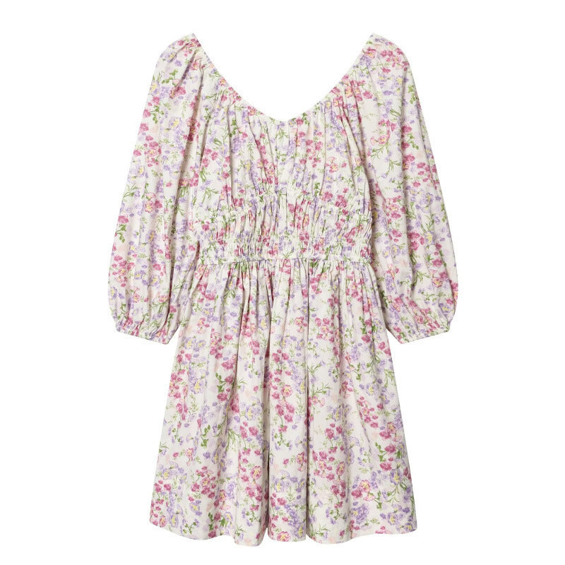 Damen Blumenkleid mit Smok-Taillierung und voluminösen Puffärmeln Shop Nory