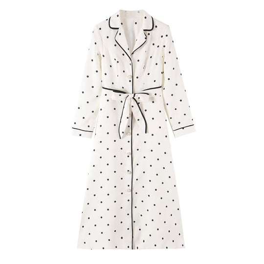Damen Midi-Hemdblusenkleid mit Polka‑Dot, Kontrastpaspel und Taillengürtel Shop Nory