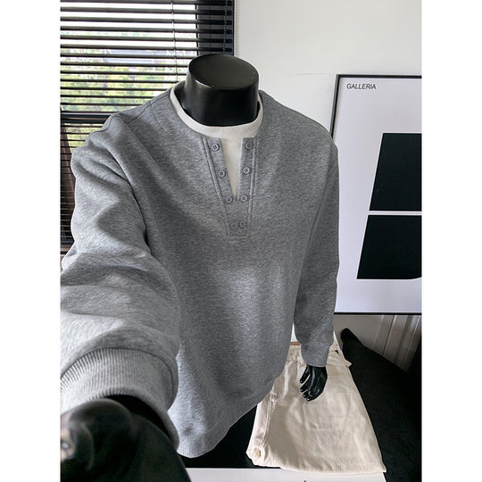 Herren Sweatshirt mit Henley-Knopfleiste, relaxed Fit und gerippten Bündchen Shop Nory