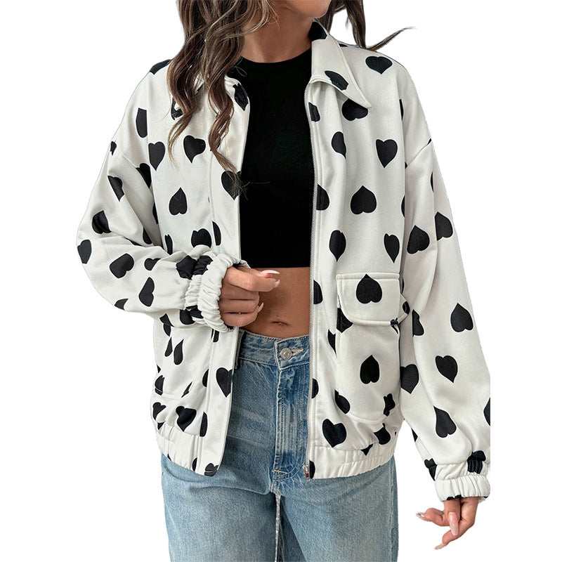 Damen Oversize-Bomberjacke mit Herzallover, Reißverschluss, Pattentaschen und elastischen Bündchen Shop Nory