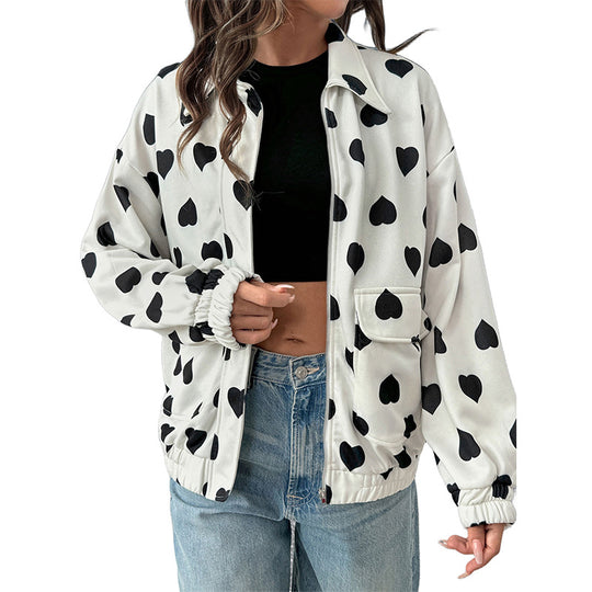 Damen Oversize-Bomberjacke mit Herzallover, Reißverschluss, Pattentaschen und elastischen Bündchen Shop Nory