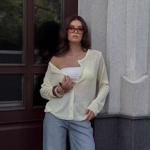 Damen leichter halbtransparenter Feinstrick-Cardigan mit Rundhals und Knopfleiste Shop Nory
