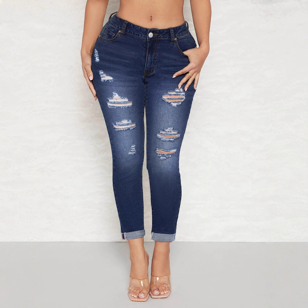 Damen Hochtaillierte Skinny-Jeans mit Destroyed-Einsätzen und umgeschlagenem Saum Shop Nory