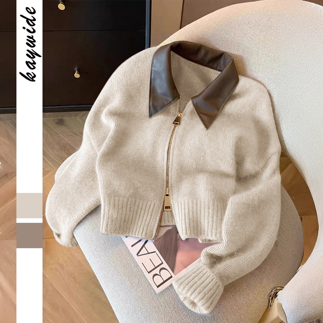 Damen nan kurz geschnittener Strickblouson mit Kunstlederkragen und goldfarbenem Metallreißverschluss Shop Nory
