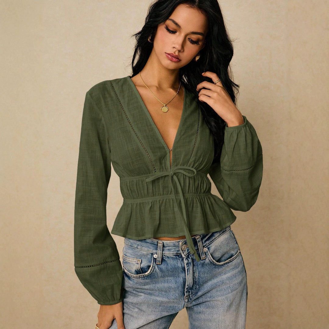 Damen Bluse mit tiefem V‑Ausschnitt, Kordel‑Taillenband und Volant Shop Nory