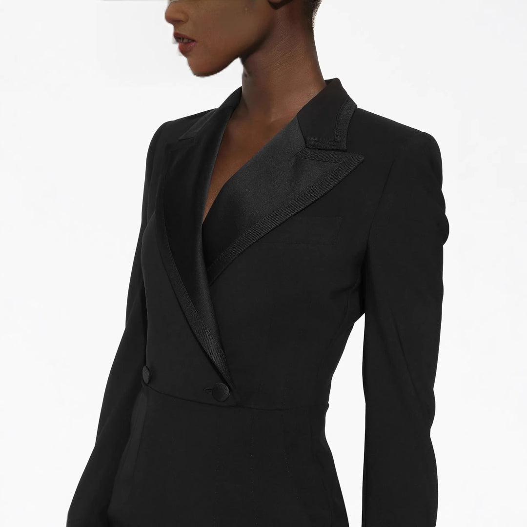 Damen Tailliertes Blazerkleid im Longcut mit Satinrevers und Frontschlitz Shop Nory