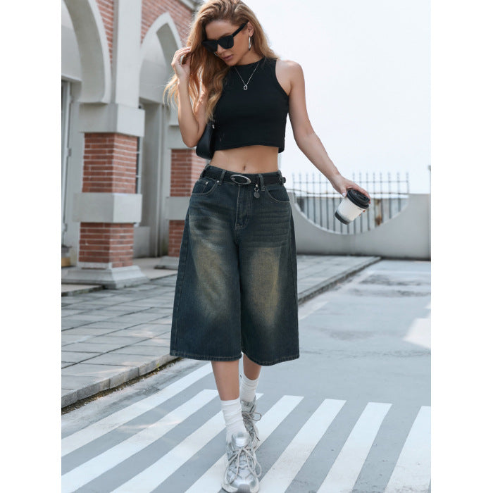 Damen Weite Denim-Culottes mit hohem Bund und praktischen Seitentaschen