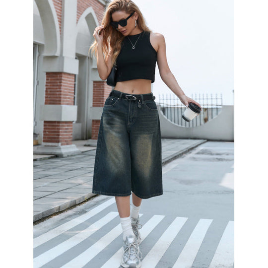Damen Weite Denim-Culottes mit hohem Bund und praktischen Seitentaschen