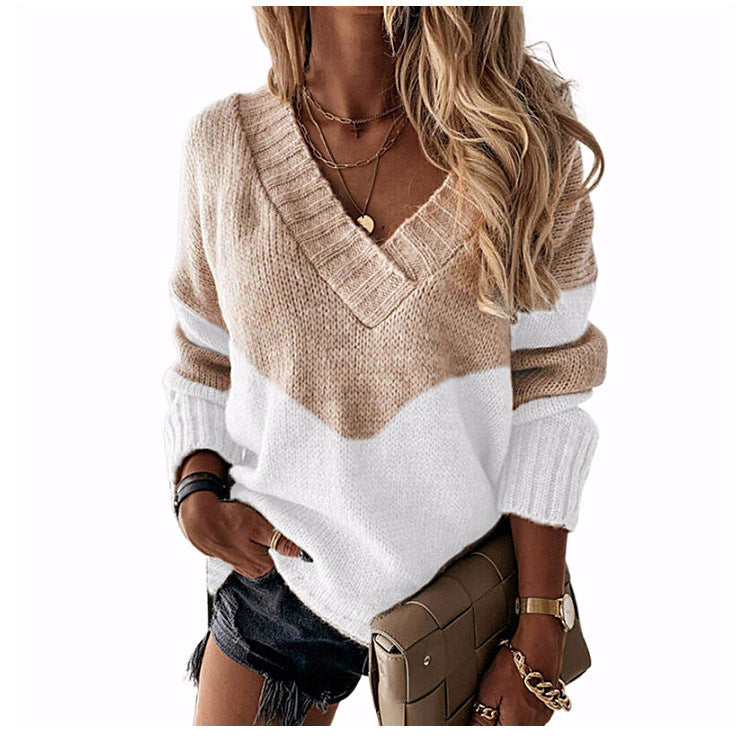 Damen V‑Ausschnitt Strickpullover mit Leo‑Print und Colorblock‑Design Shop Nory
