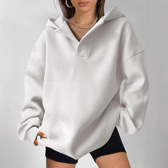 Damen Oversize-Kapuzenpullover aus schwerem Sweatstoff mit V‑Ausschnitt‑Detail und langen Rippbündchen Shop Nory