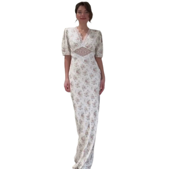 Damen Romantisches Maxikleid aus fließendem Satin mit Spitzen‑Cut‑Out & Puffärmeln Shop Nory
