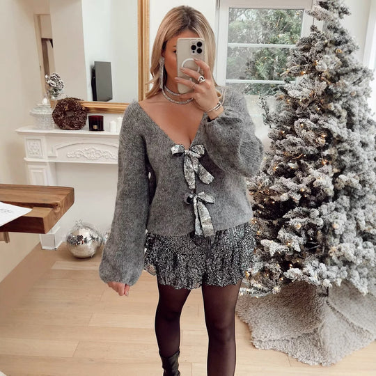 Damen Oversize-Strickcardigan mit V‑Ausschnitt und Pailletten‑Schleifen Shop Nory