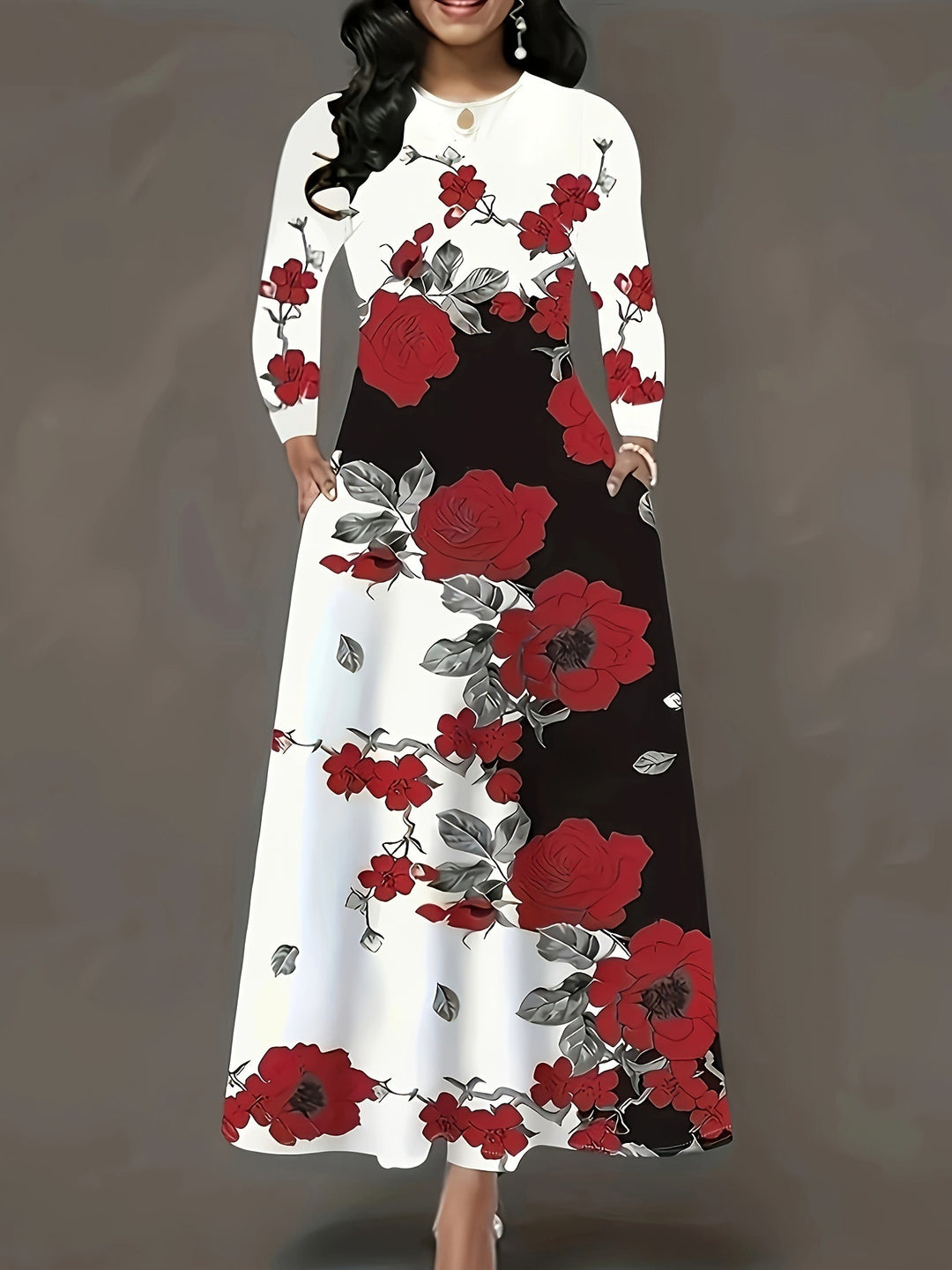 Damen Maxikleid mit floralem Allover-Print, A‑Linie, Langarm und Schlitzdetail Shop Nory