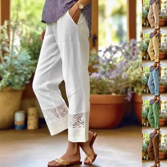 Damen Leinenoptik Culotte-Hose mit Spitzeinsatz am Saum und seitlichen Eingrifftaschen Shop Nory