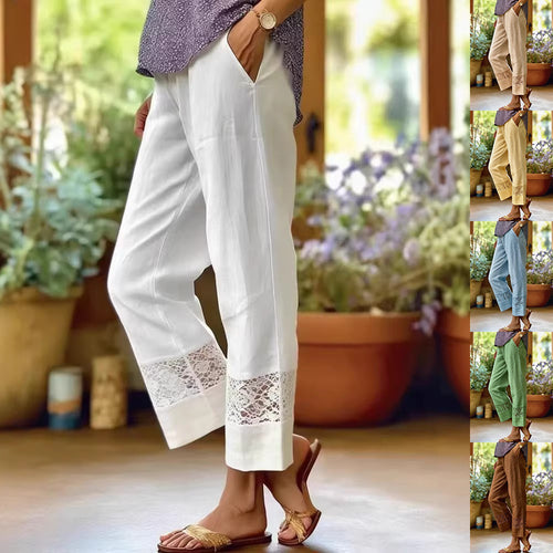 Damen Leinenoptik Culotte-Hose mit Spitzeinsatz am Saum und seitlichen Eingrifftaschen Shop Nory