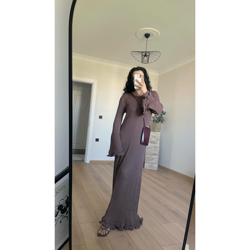 Damen Geripptes Maxikleid mit langen Ärmeln, Volantmanschetten und Rüschenabschluss Shop Nory