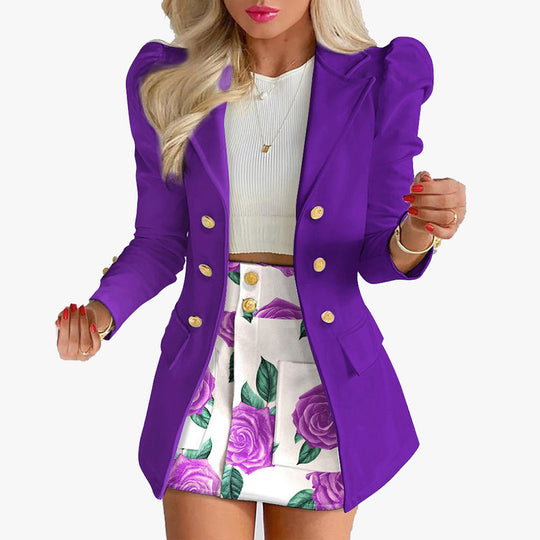 Damen Taillierter Doppelreihiger Blazer mit Puffärmeln und goldenen Zierknöpfen Shop Nory