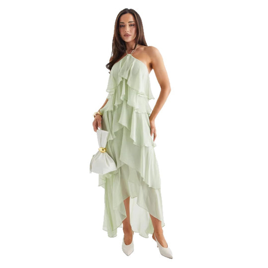 Damen Luftiges Chiffon-Maxikleid mit Rüschendetails und elegantem Halterneck