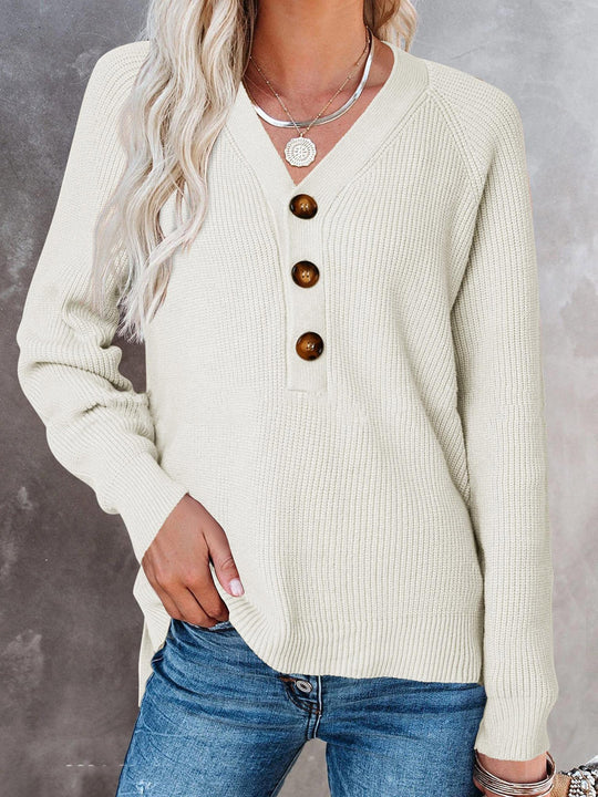 Damen Gerippter Strickpullover mit V‑Ausschnitt, Zierknopfleiste und Ballonärmeln Shop Nory