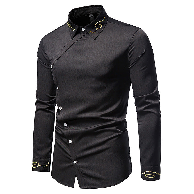 Herren Elegantes Langarmhemd mit asymmetrischem Knopfdesign und gesticktem Kragen