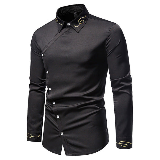 Herren Elegantes Langarmhemd mit asymmetrischem Knopfdesign und gesticktem Kragen