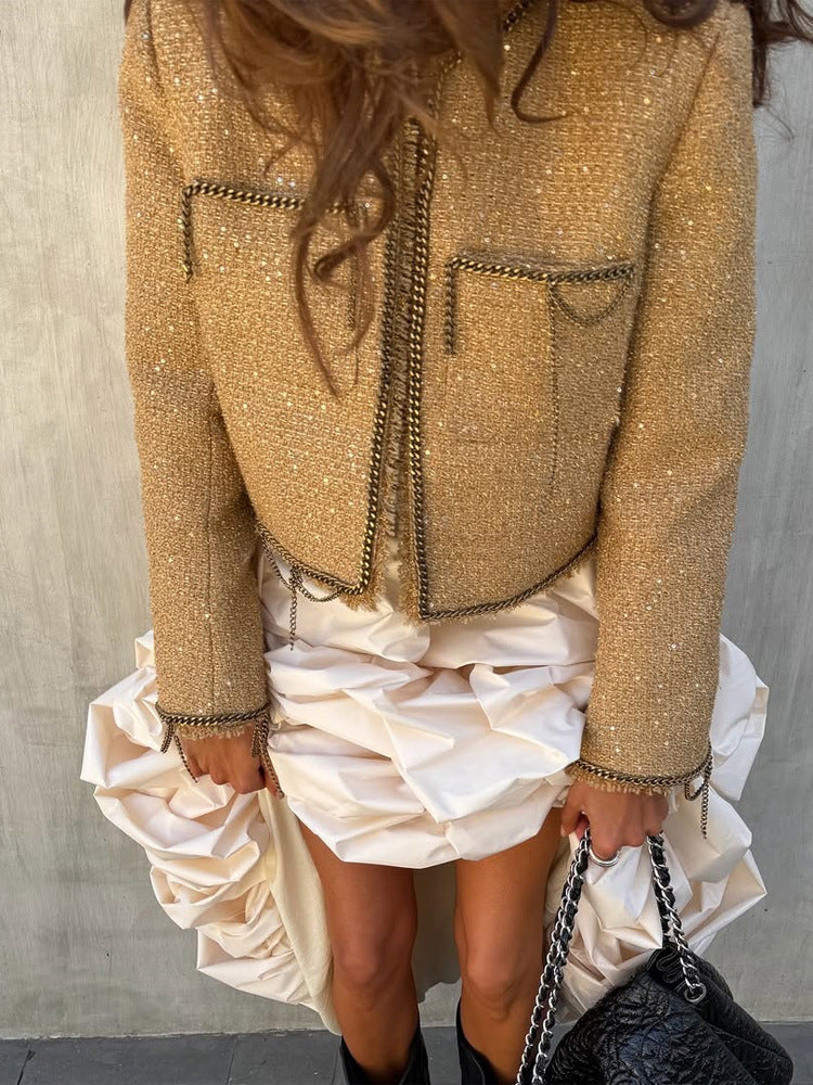 Damen Kurze Bouclé-Jacke mit Kettenbesatz und Pailletten-Detail Shop Nory