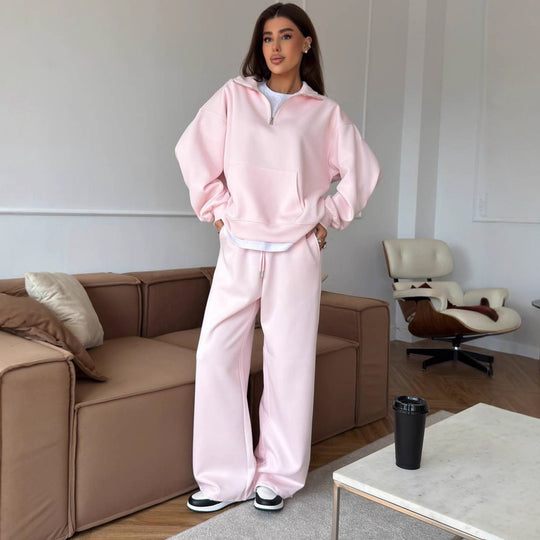 Damen Bequeme und elegante Langarm-Pullover mit Reißverschluss und weiten Jogginghose Shop Nory