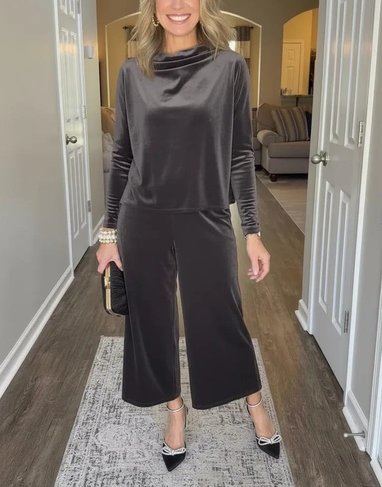 Damen Elegantes Samt-Zweiteiler mit Wasserfallkragen und weiter Culotte-Hose Shop Nory