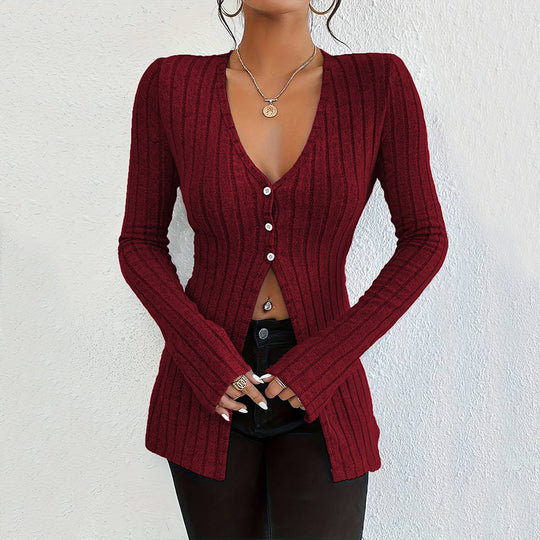 Damen gerippter V-Ausschnitt-Cardigan mit Knopfleiste taillierter Longline-Silhouette Shop Nory