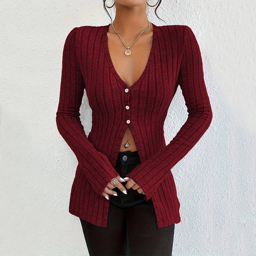 Damen gerippter V-Ausschnitt-Cardigan mit Knopfleiste taillierter Longline-Silhouette Shop Nory
