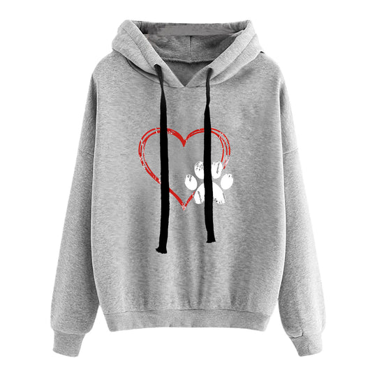 Damen nan lässiger Oversize Kapuzenpullover mit Herz‑und‑Pfotenprint, Kordelzug und gerippten Bündchen Shop Nory
