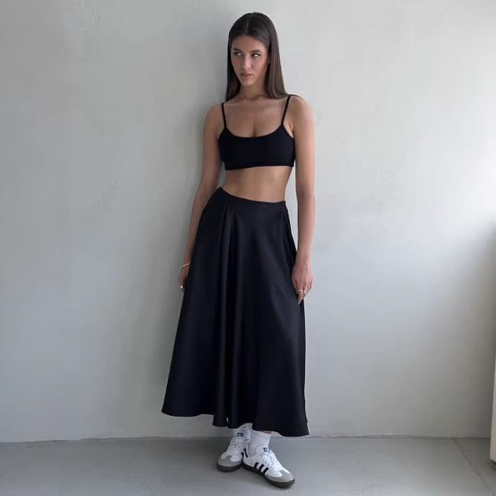 Damen Fließender Satin-Midirock mit hohem Bund und Tellerfalten Shop Nory