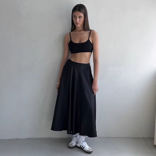 Damen Fließender Satin-Midirock mit hohem Bund und Tellerfalten Shop Nory