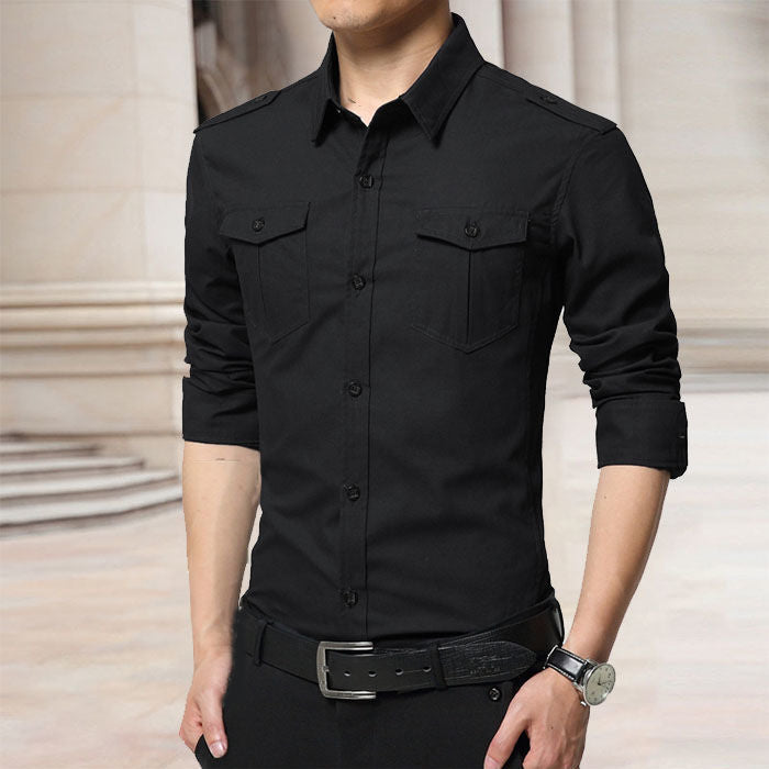 Herren Slim-Fit Baumwoll-Mix Utility-Hemd mit Schulterklappen und Brustpattentaschen Shop Nory